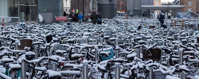 Bike parking in Copenhagen snow